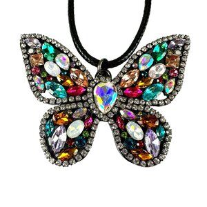 Butterfly Rhinestone Pendant Necklace With Colorful Stones & Adjustable Cord